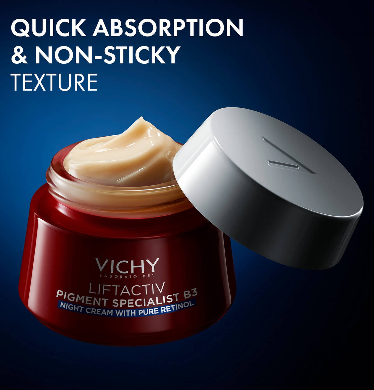 Refect Beauty Vichy Liftactiv B3 night cream in a red jar with a silver lid, showing its smooth, non-sticky texture.