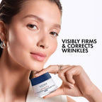 Refect Beauty model holding Vichy Liftactiv Night Supreme cream jar, promoting anti-aging and wrinkle correction.