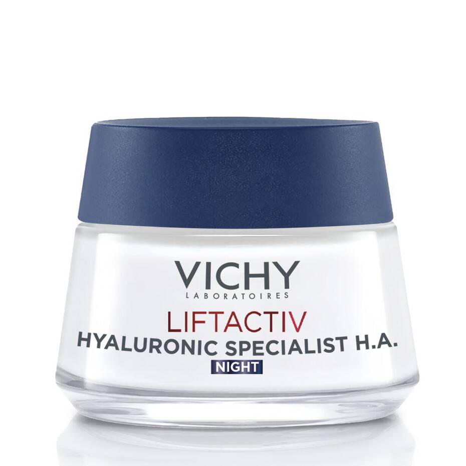 Refect Beauty Vichy Liftactiv Night Supreme anti-aging cream in a glass jar with a dark blue lid. Main image