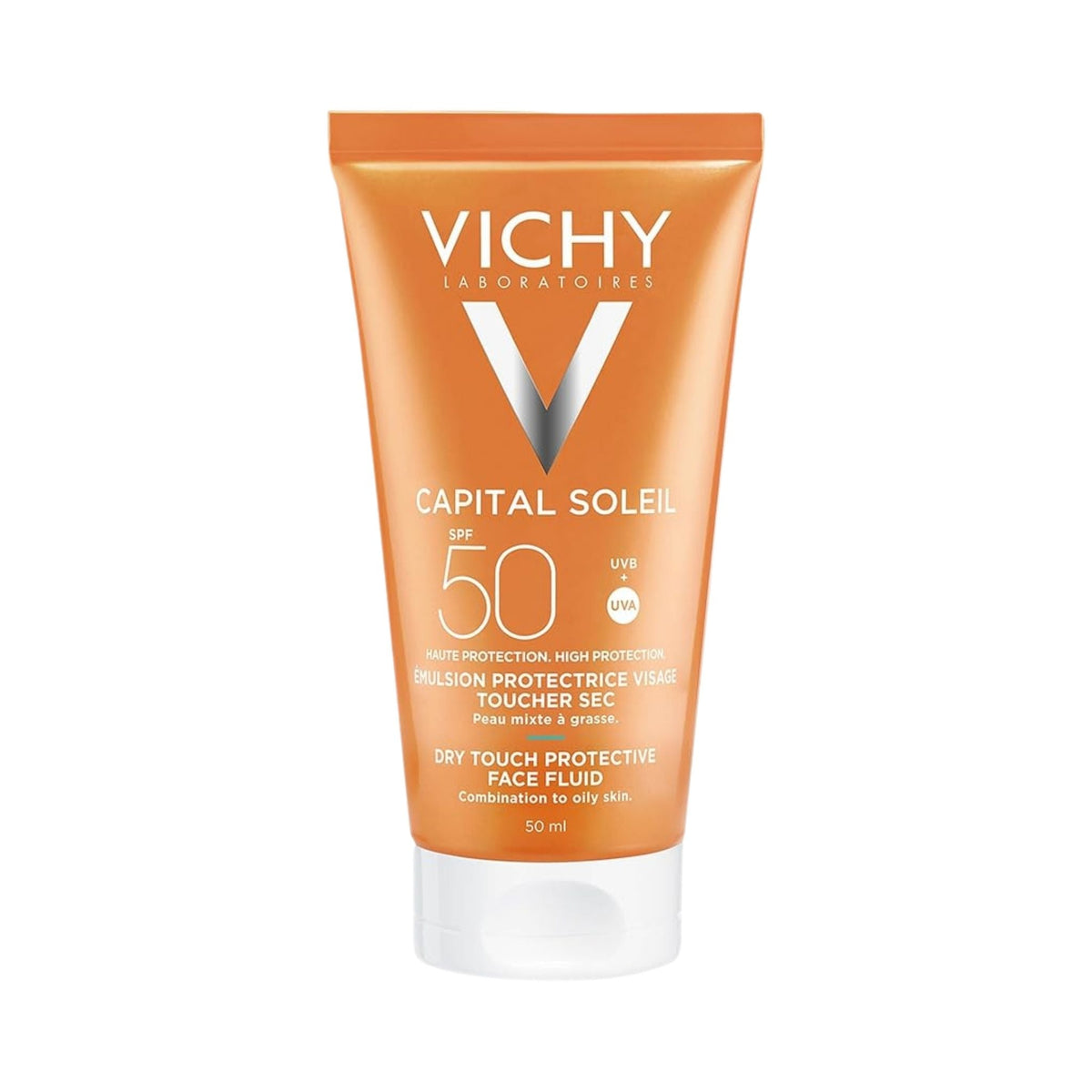 Refect Beauty Vichy Capital Soleil SPF 50 mattifying face fluid in an orange squeeze tube for oily and combination skin.