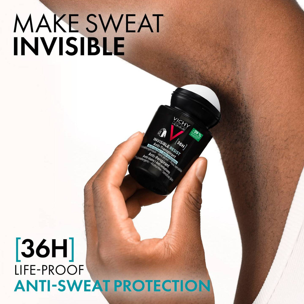 Refect Beauty Vichy Invisible Resist 36H men's roll-on antiperspirant deodorant being applied to underarm