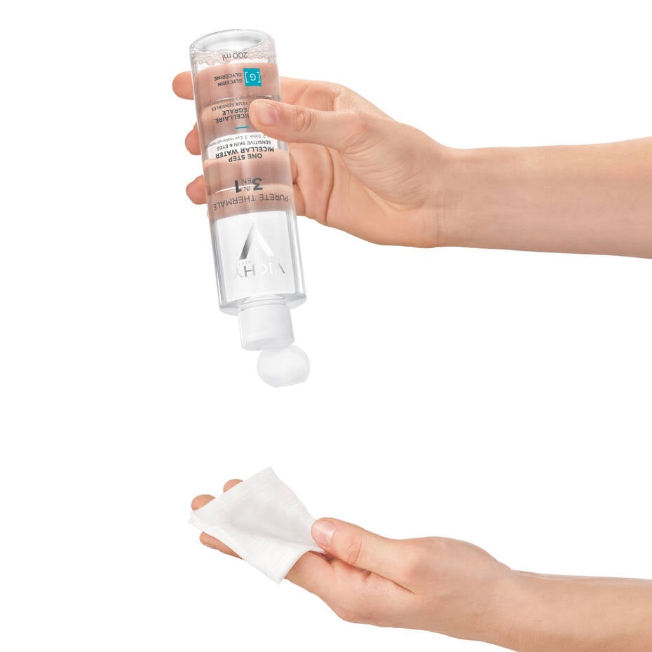 Refect Beauty Vichy Purete Thermale micellar water being poured onto a cotton pad for sensitive skin cleansing