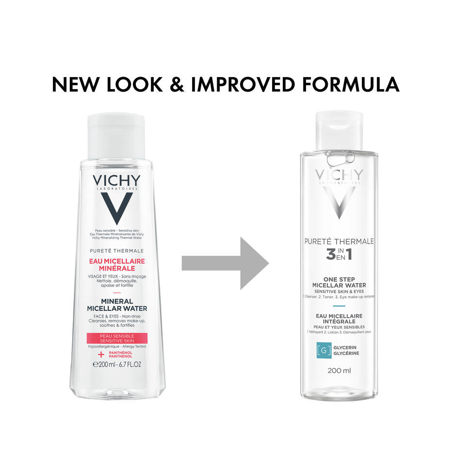 Refect Beauty Vichy Purete Thermale 3-in-1 micellar water bottles showing old and new packaging for sensitive skin