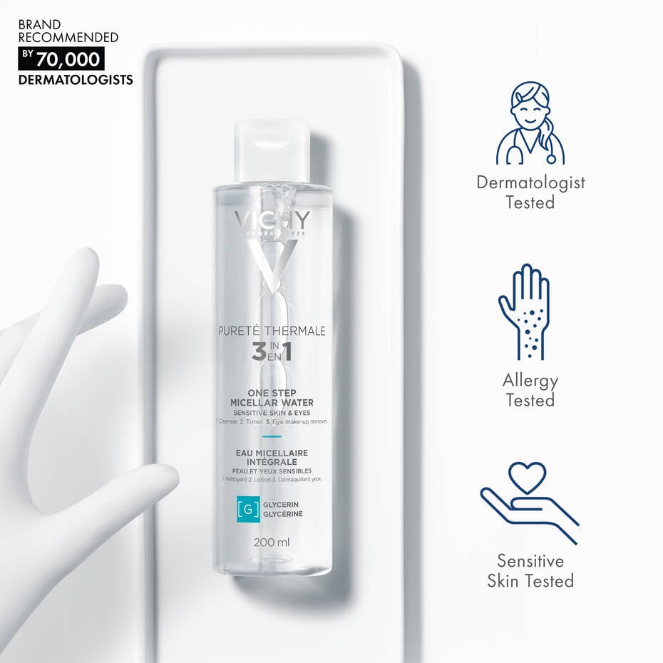 Refect Beauty Vichy Purete Thermale 3-in-1 micellar water bottle for sensitive skin with dermatologist test icons