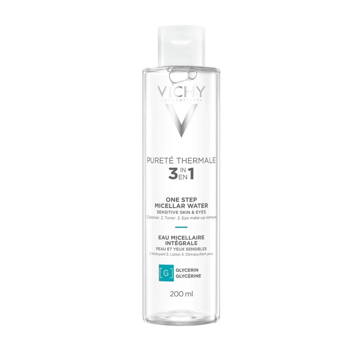 Refect Beauty Vichy Pureté Thermale 3-in-1 micellar water for sensitive skin in a 200ml clear bottle.