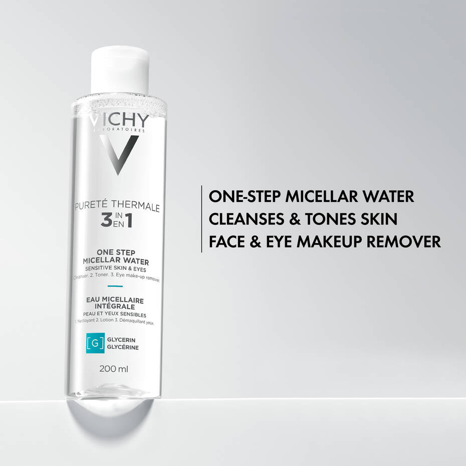 Refect Beauty Vichy Purete Thermale 3-in-1 mineral micellar water for sensitive skin in a 200ml clear bottle.