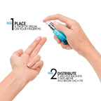 Refect Beauty Vichy Mineral 89 eye serum bottle being applied to fingertips in a two-step instructional graphic