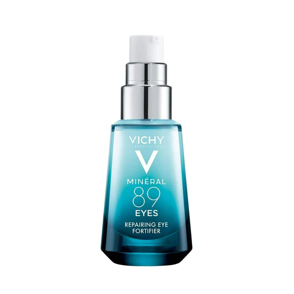Refect Beauty Vichy Mineral 89 Eye repairing serum in a blue glass pump bottle for hydrating and brightening eye care.
