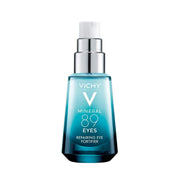 Refect Beauty Vichy Mineral 89 Eye repairing serum in a blue glass pump bottle for hydrating and brightening eye care.