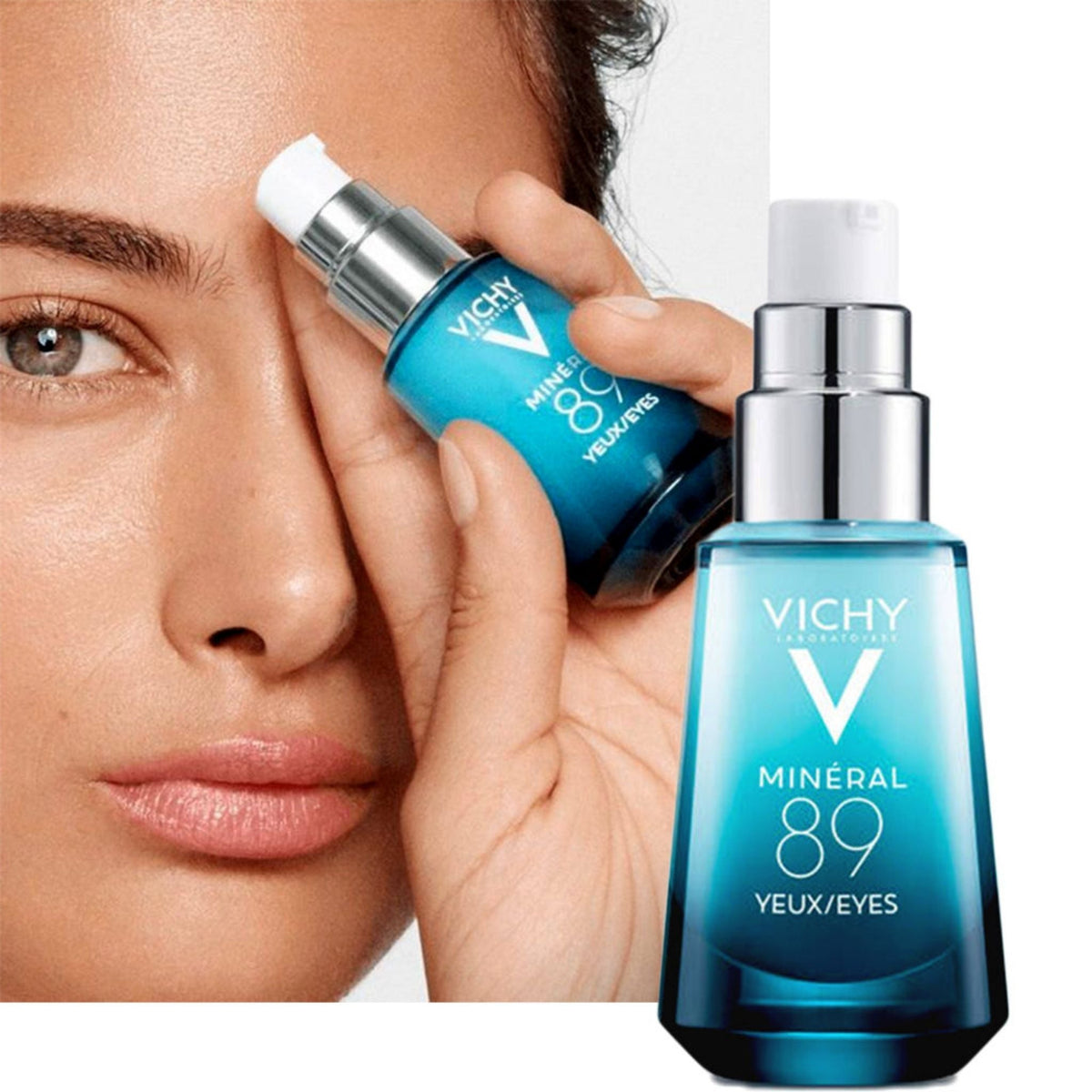 Refect Beauty Vichy Mineral 89 Eye serum bottle held by a woman to show its blue glass packaging and pump dispenser