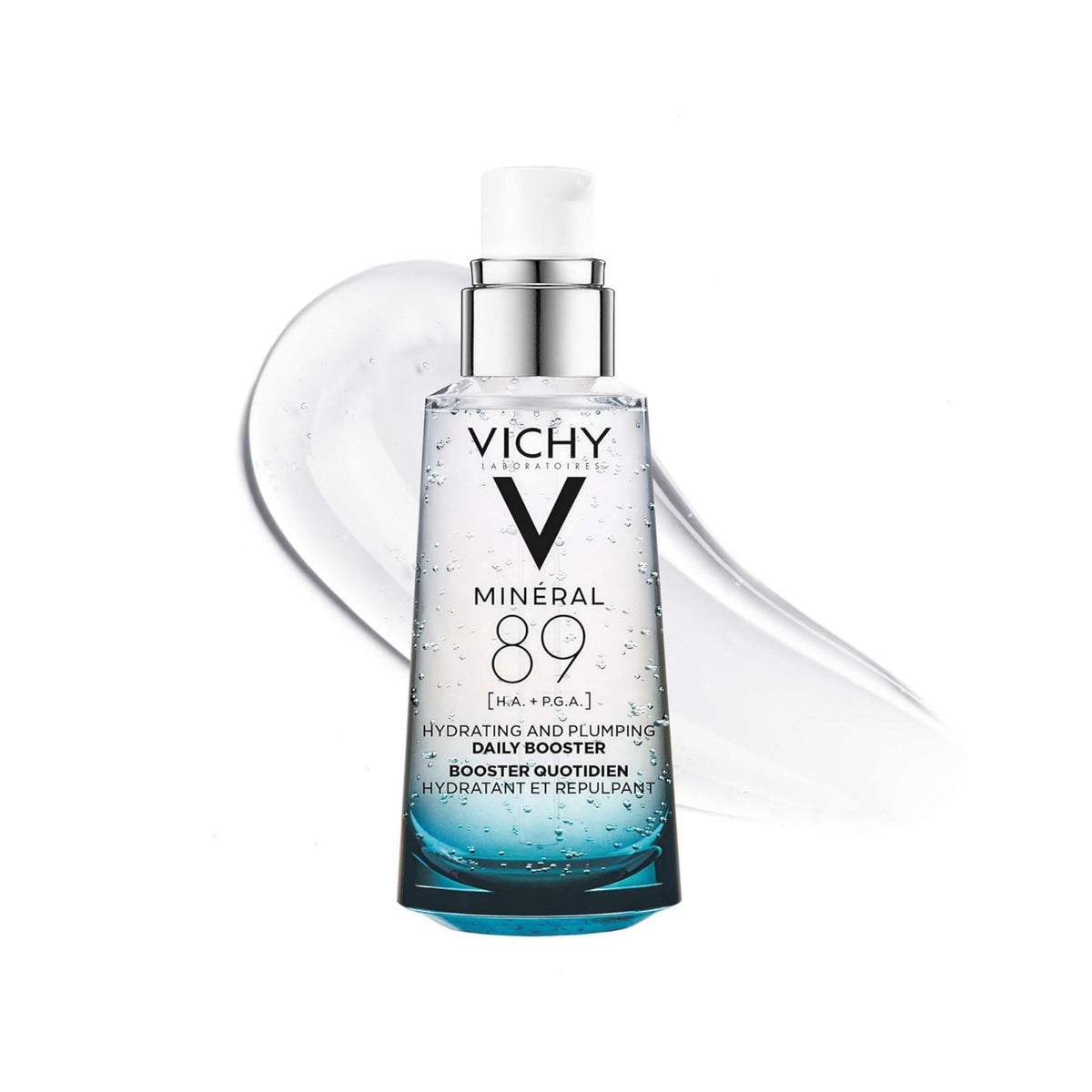 Refect Beauty Vichy Mineral 89 hydrating and plumping facial serum bottle with a clear gel texture splash behind it. Main image