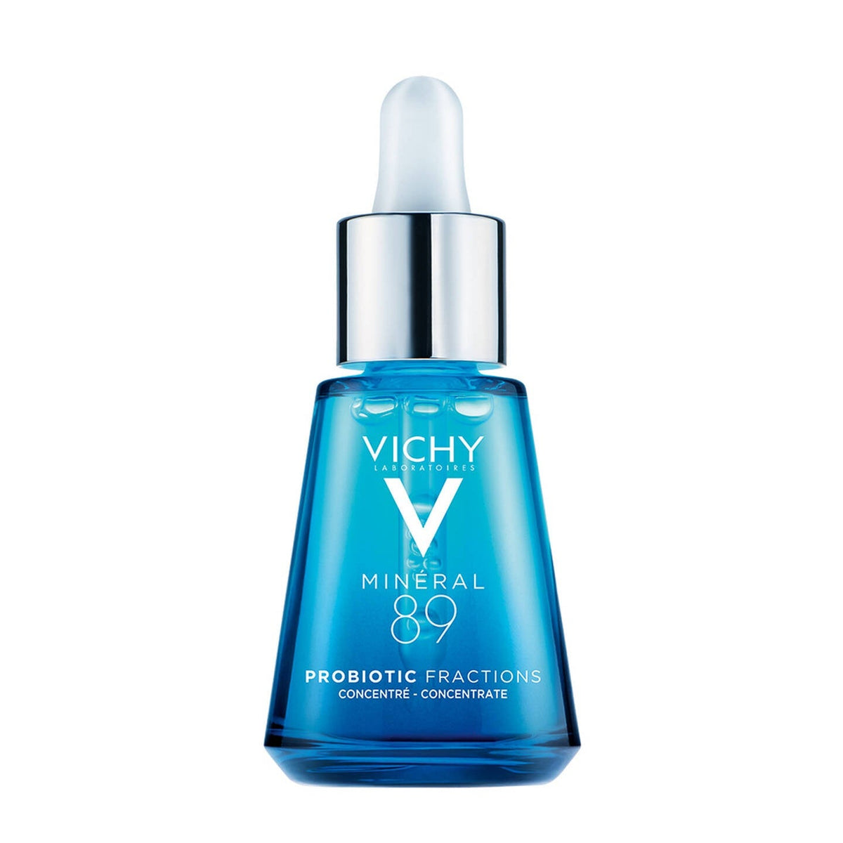 Refect Beauty Vichy Minéral 89 Prebiotic Fractions facial serum in a blue glass dropper bottle for skin hydration. Main image