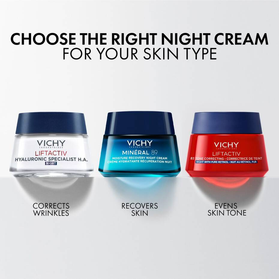 Refect Beauty comparison of three Vichy night creams for wrinkle correction, skin recovery, and evening skin tone.