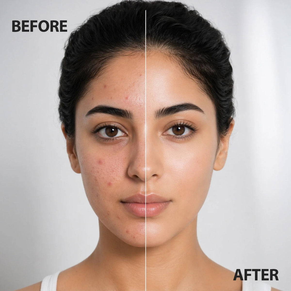 Refect Beauty before and after comparison showing clear skin results after using Vichy Normaderm acne cleanser