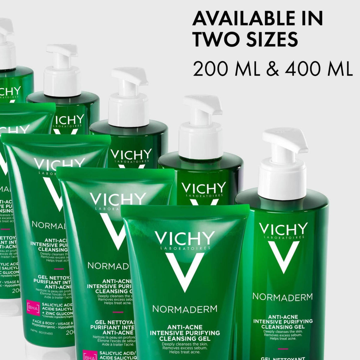 Refect Beauty Vichy Normaderm anti-acne purifying gel cleanser bottles in 200ml and 400ml sizes for face and body.