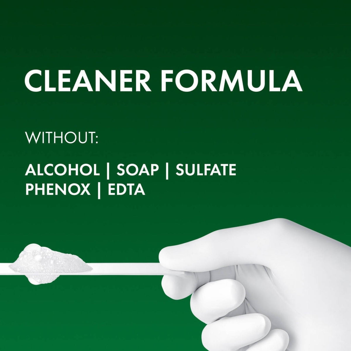 Refect Beauty Vichy Normaderm cleanser gel texture on a white spatula held by a gloved hand against a green background