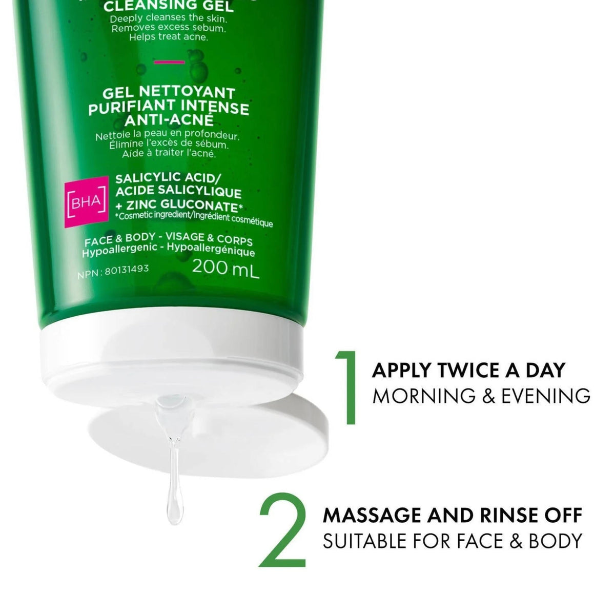 Refect Beauty Vichy Normaderm anti-acne purifying gel cleanser bottle with clear gel dispensing from the cap.