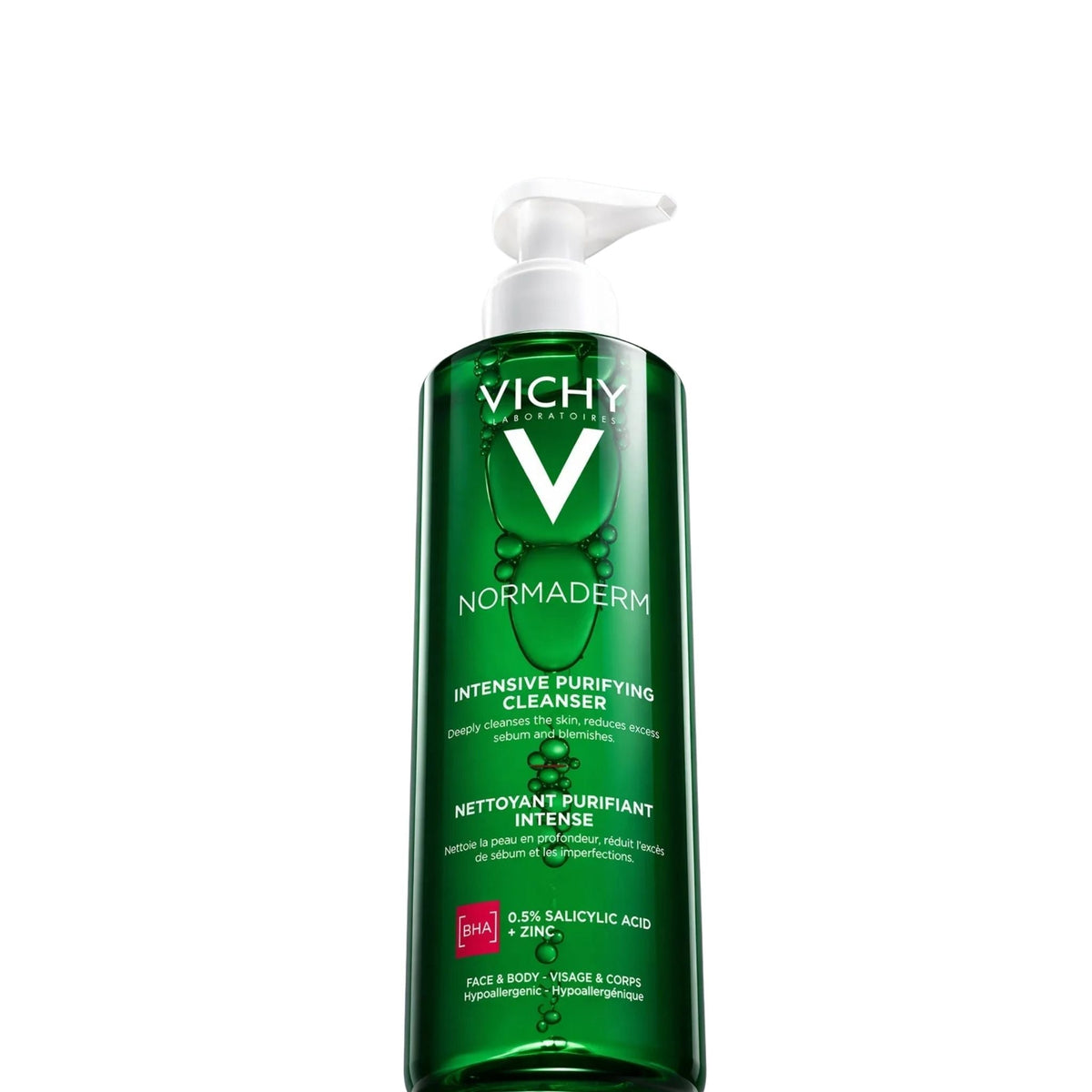 Refect Beauty Vichy Normaderm anti-acne purifying gel cleanser in a green pump bottle for face and body.