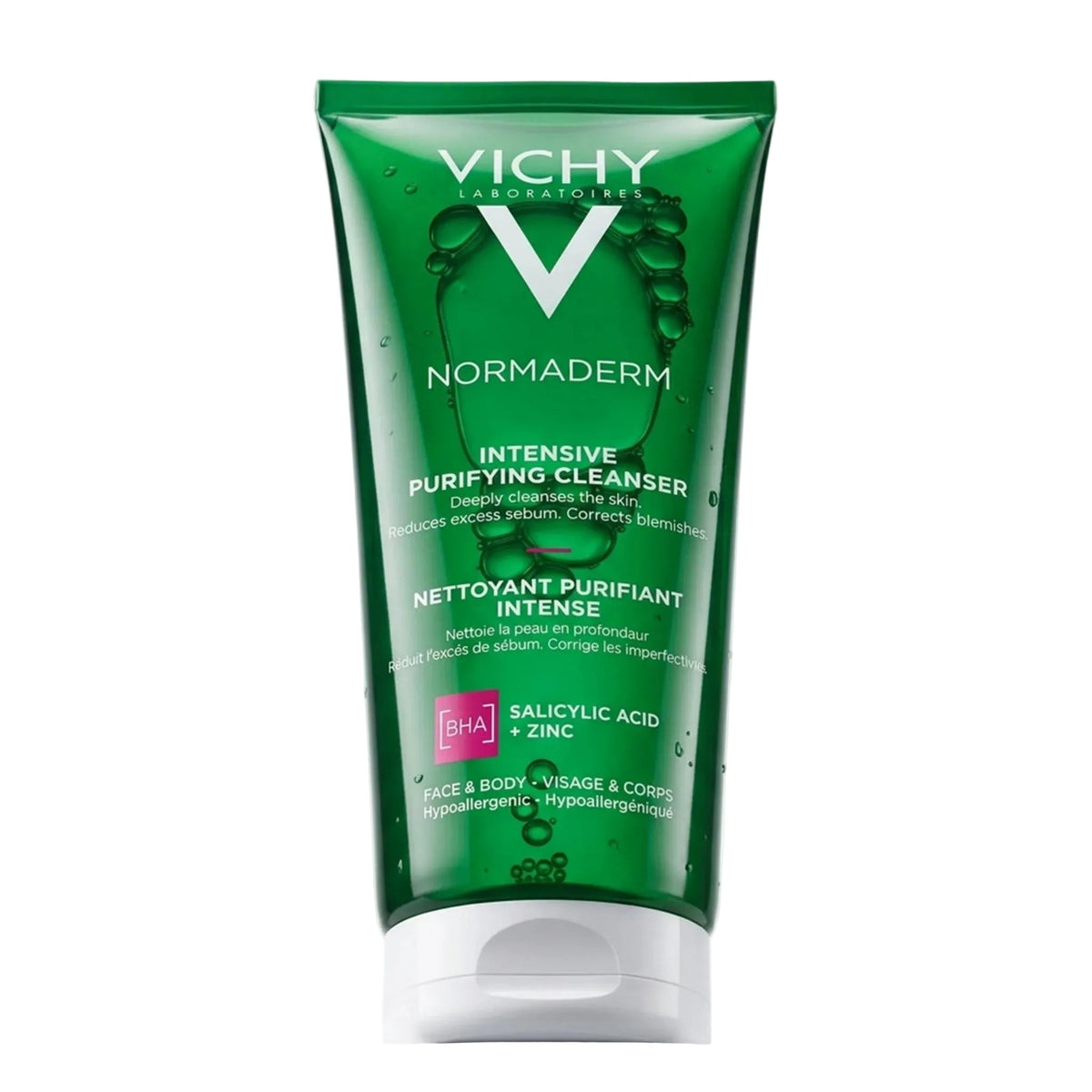 Refect Beauty Vichy Normaderm anti-acne purifying gel cleanser in a green squeeze tube for face and body.