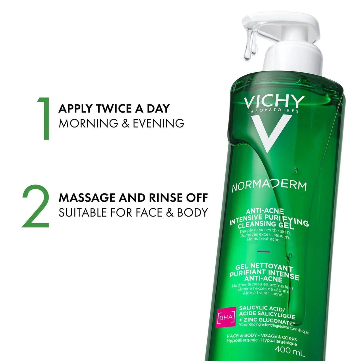 Refect Beauty Vichy Normaderm Anti-Acne Purifying Gel Cleanser in a 400ml green pump bottle with usage instructions.