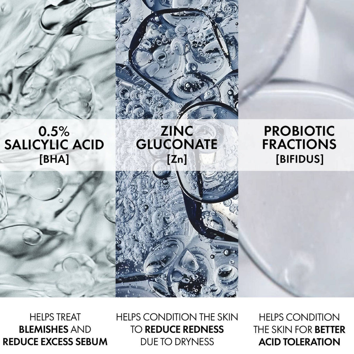 Refect Beauty Vichy Normaderm cleanser ingredients infographic showing salicylic acid, zinc gluconate, and probiotics.