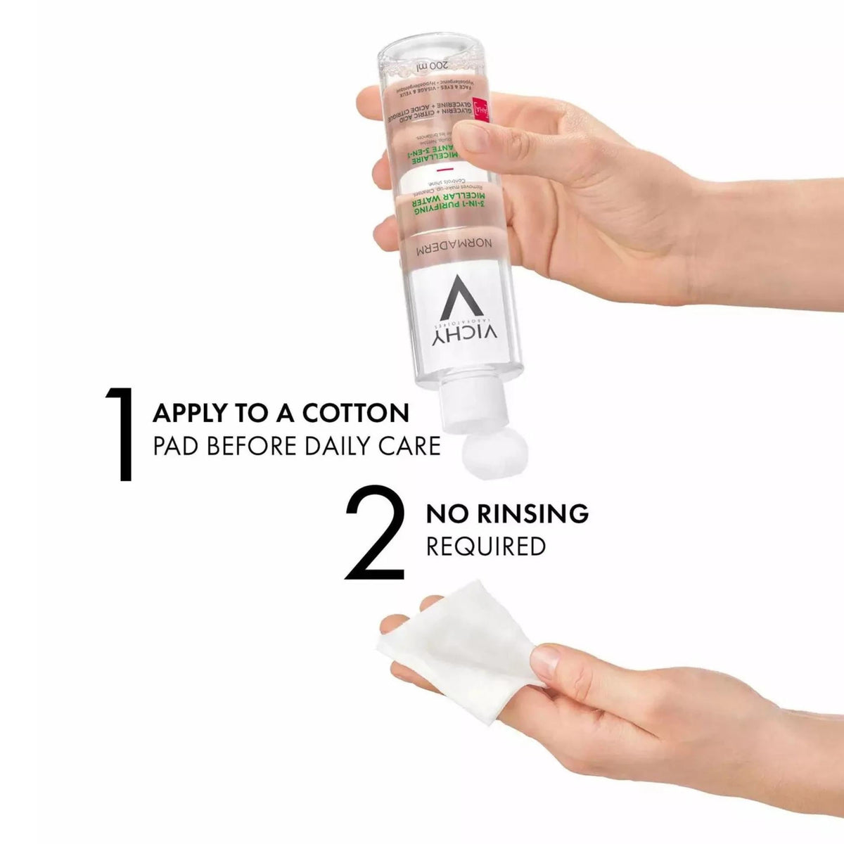 Refect Beauty Vichy Normaderm 3-in-1 micellar water bottle being applied to a cotton pad for daily skincare