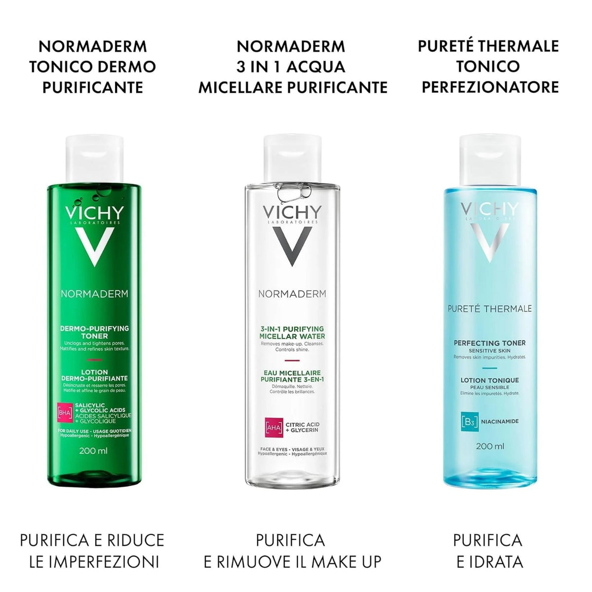 Refect Beauty Vichy Normaderm 3-In-1 Micellar Solution alongside other Vichy skincare products in 200ml bottles.