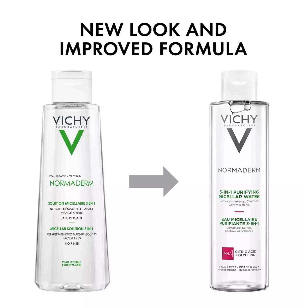 Refect Beauty Vichy Normaderm 3-in-1 micellar water bottles showing old and new packaging for oily and sensitive skin
