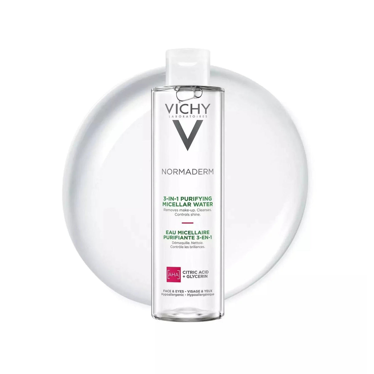 Refect Beauty Vichy Normaderm 3-in-1 micellar water bottle for oily and blemish-prone skin on a white background.