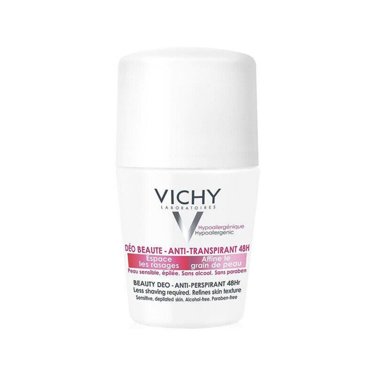 Refect Beauty Vichy 48H Beauty Anti-Perspirant roll-on deodorant for sensitive skin in a white bottle.