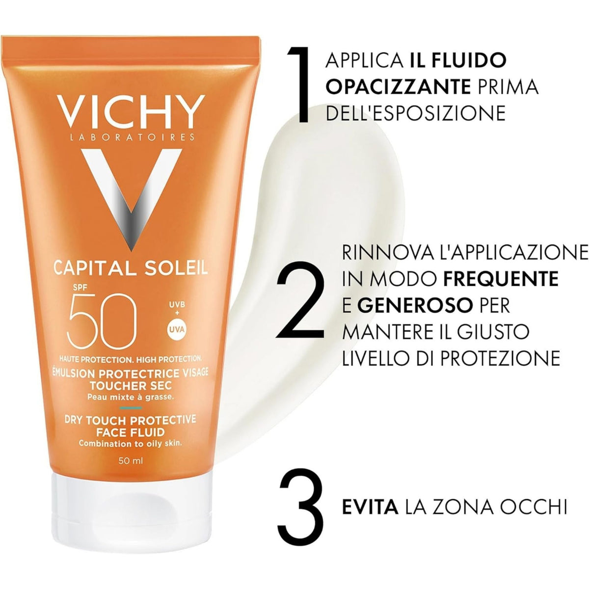 Refect Beauty Vichy Capital Soleil SPF 50 mattifying face fluid tube with product texture swatch and usage steps