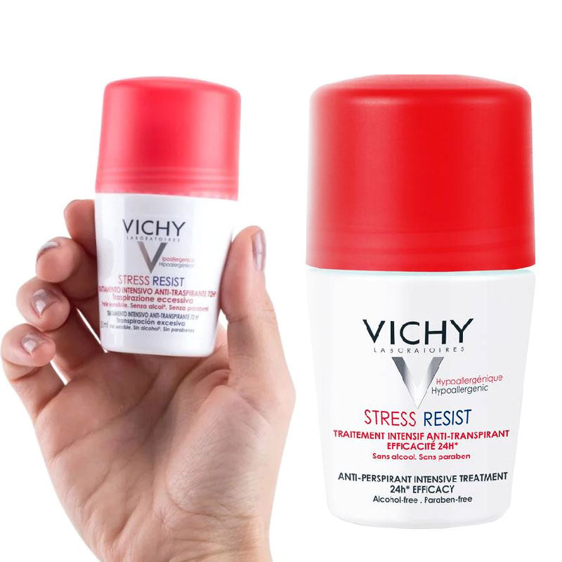 Refect Beauty Vichy Stress Resist 24H anti-perspirant roll-on deodorant in a white bottle with a bright red cap.