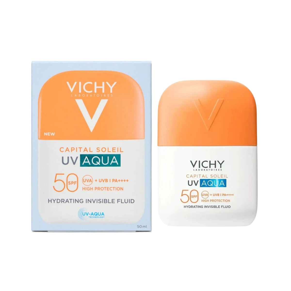 Refect Beauty Vichy Capital Soleil UV Aqua SPF 50 hydrating invisible fluid sunscreen bottle and packaging box