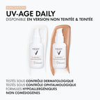 Refect Beauty Vichy Capital Soleil UV-Age Daily SPF50+ sunscreen bottles with white and tinted fluid textures