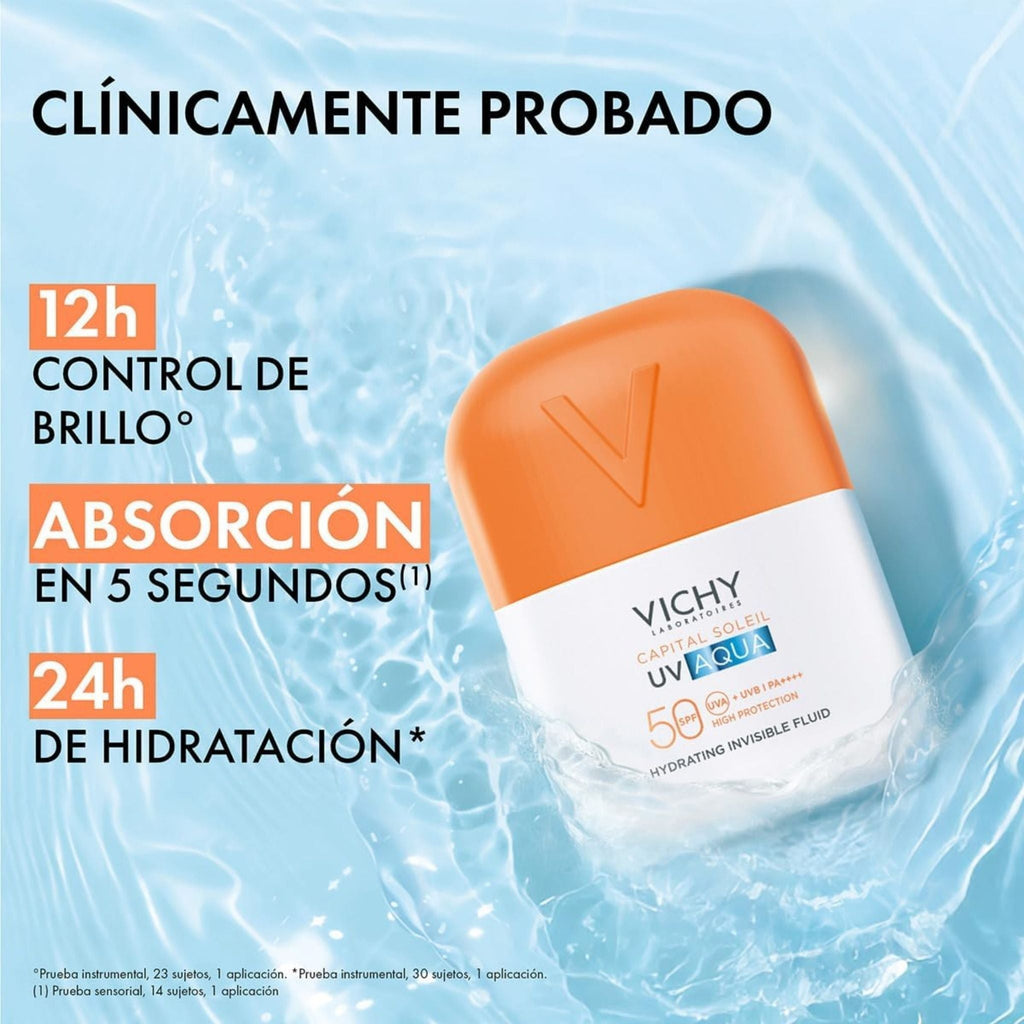 Refect Beauty Vichy Capital Soleil UV Aqua SPF 50 sunscreen bottle splashing in water with hydration benefits text