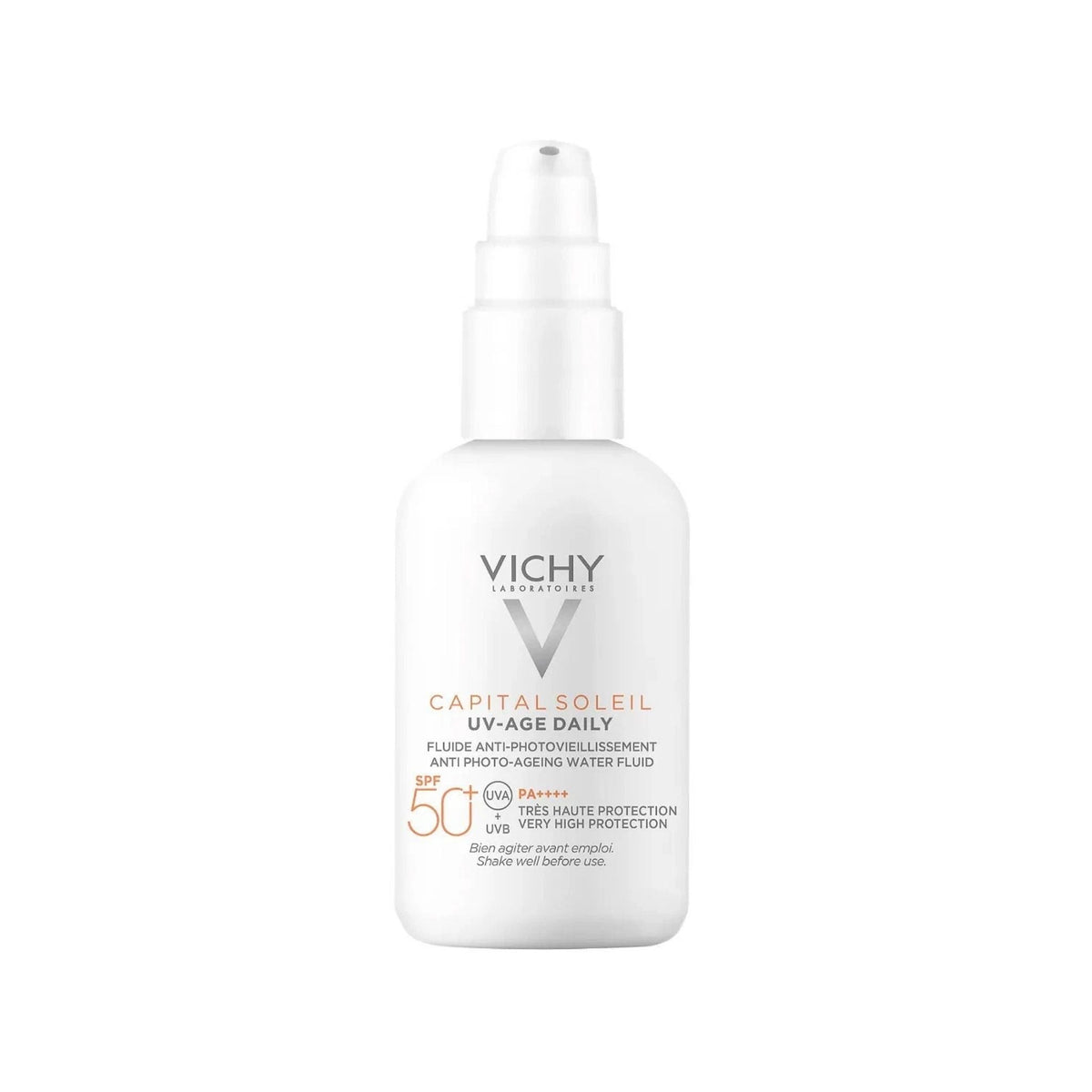 Refect Beauty Vichy Capital Soleil UV-Age Daily SPF50+ anti-aging sunscreen in a white pump bottle.