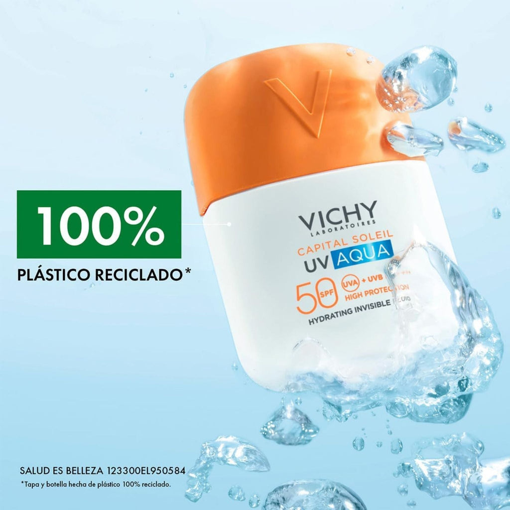 Refect Beauty Vichy Capital Soleil UV Aqua SPF 50 sunscreen bottle surrounded by splashing water and bubbles