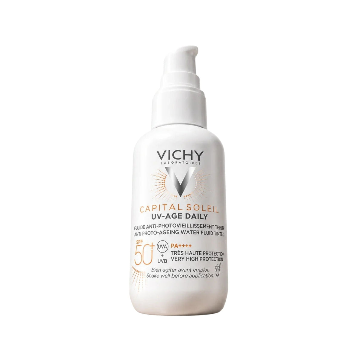 Refect Beauty Vichy Capital Soleil UV-Age Daily tinted SPF 50+ sunscreen bottle with pump dispenser