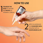 Refect Beauty Vichy Liftactiv Vitamin C serum being applied to hand with instructional text overlay