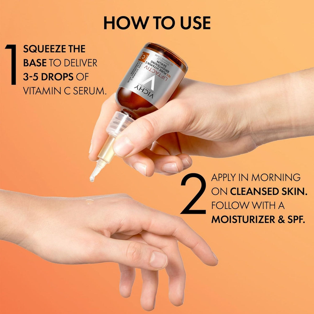 Refect Beauty Vichy Liftactiv Vitamin C serum being applied to hand with instructional text overlay