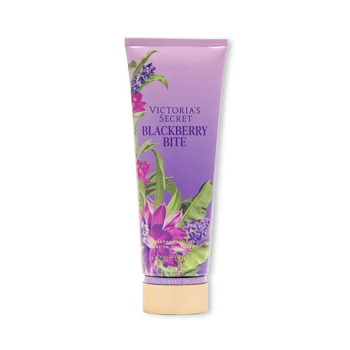 Refect Beauty Victoria's Secret Blackberry Bite body lotion in a purple tube with floral and blackberry illustrations.
