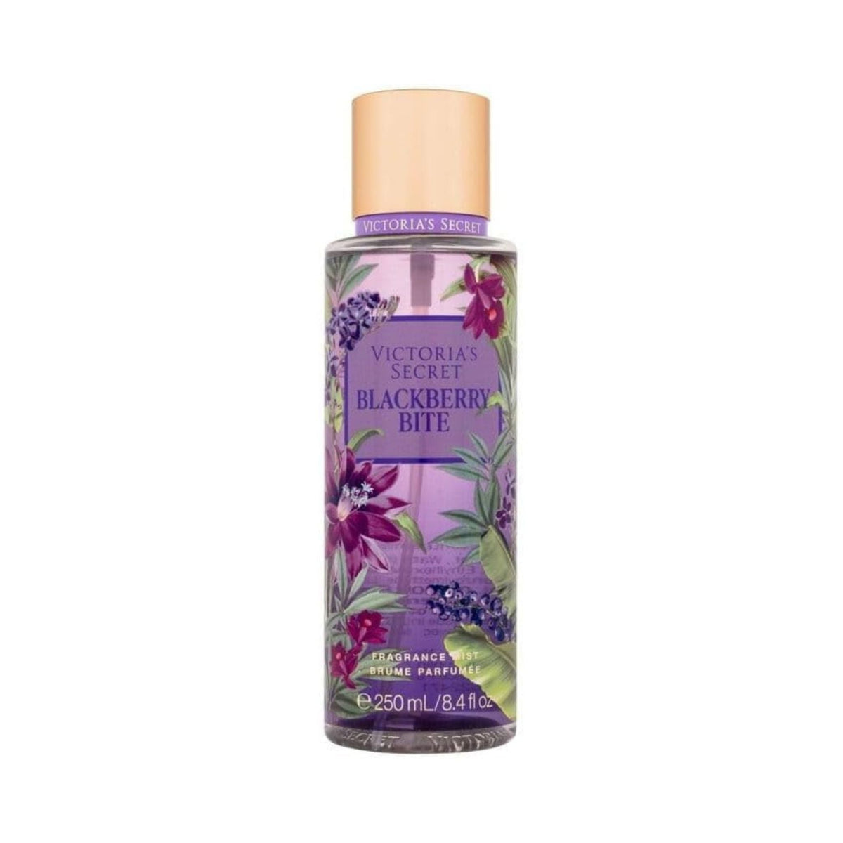 Refect Beauty Victoria's Secret Blackberry Bite body mist in a clear bottle with purple floral and berry graphics.