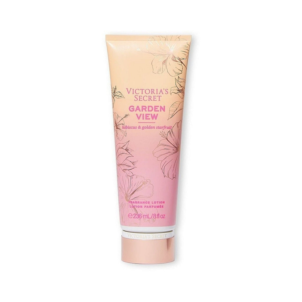 Refect Beauty Victoria's Secret Garden View fragrance lotion in a pink and peach tube with floral hibiscus print.