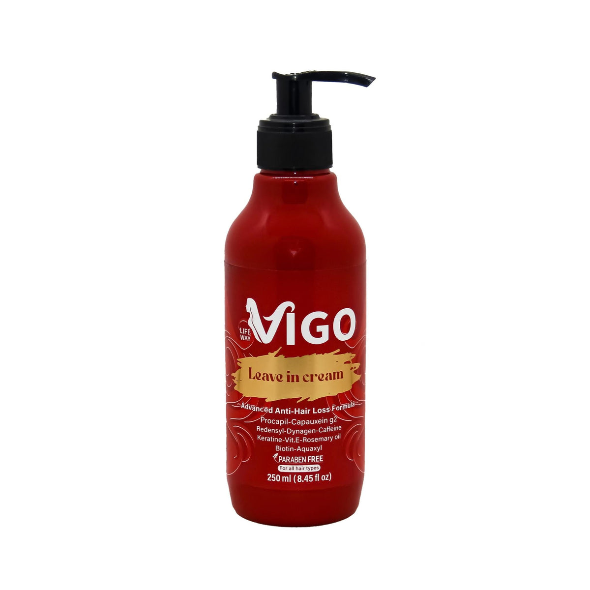 Refect Beauty Vigo anti hair loss leave-in cream in a red 250ml pump bottle for nourishing and smoothing hair.