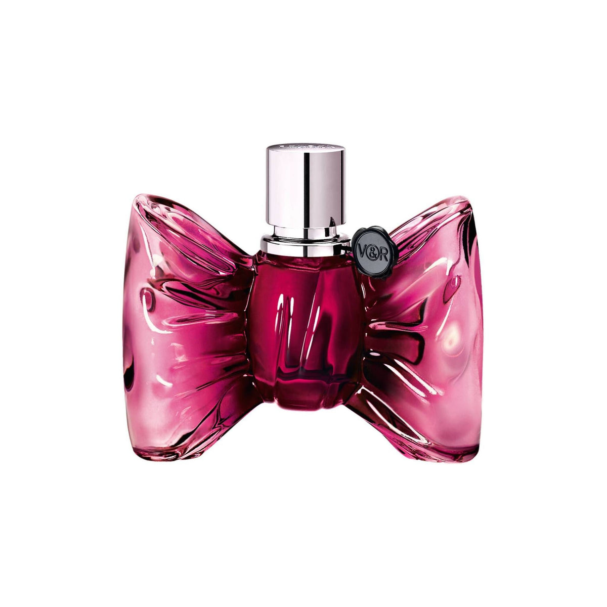 Refect Beauty Viktor & Rolf FlowerBomb Bonbon Eau de Parfum in a pink bow-shaped glass bottle with a silver cap.