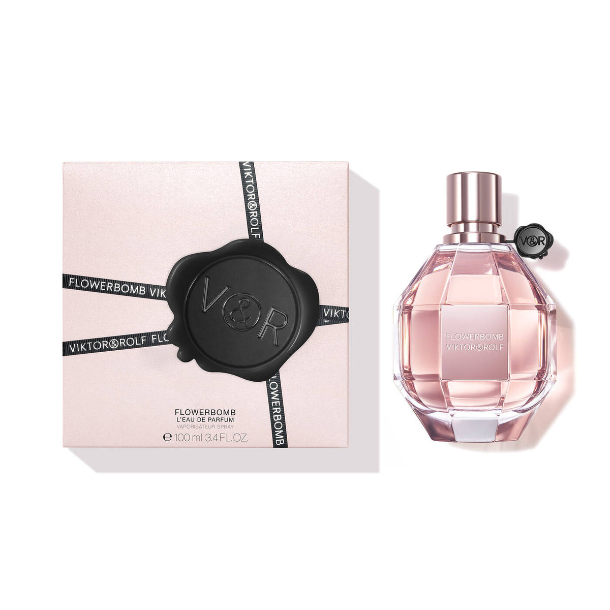 Refect Beauty Viktor & Rolf Flowerbomb Eau de Parfum bottle and pink gift box with black wax seal logo