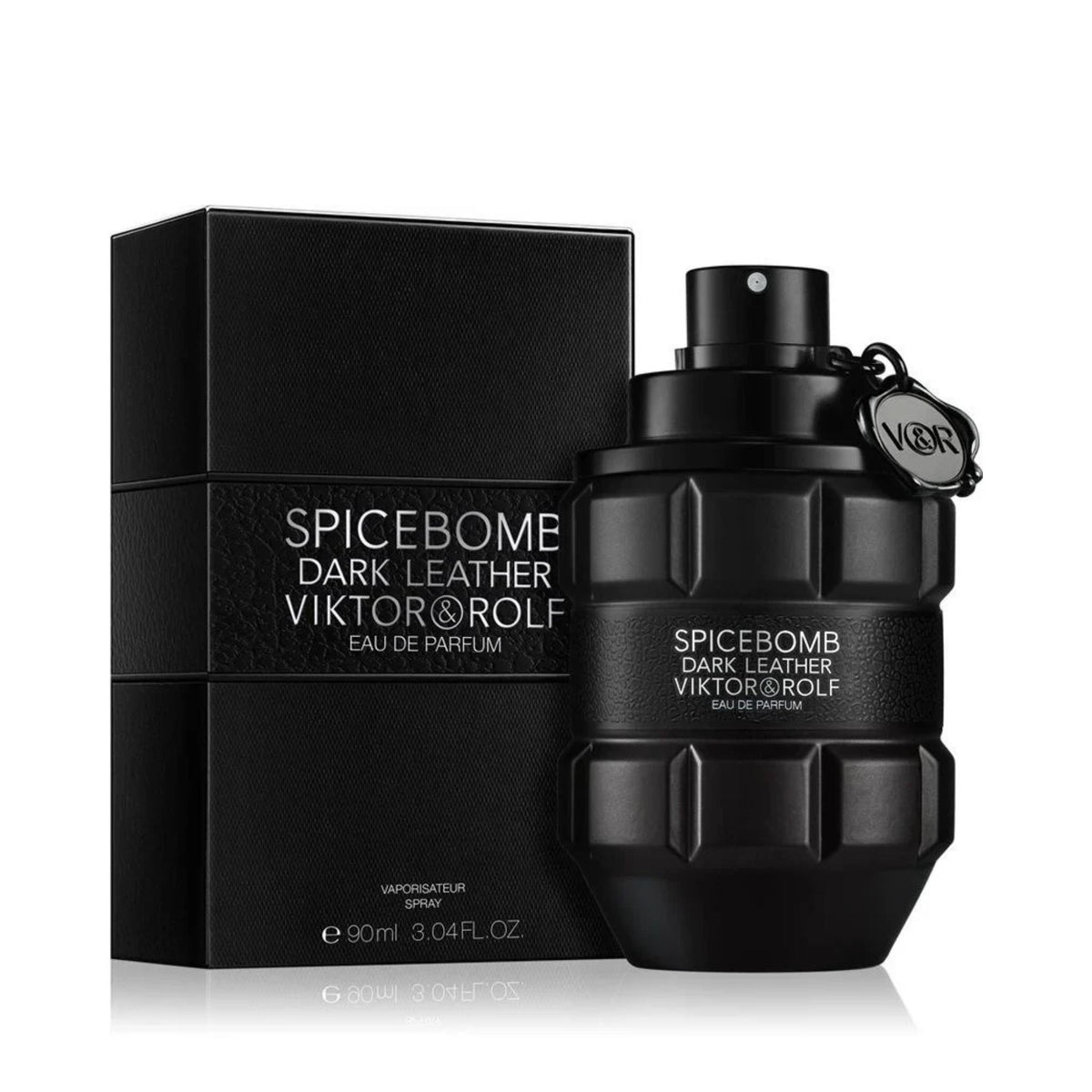 Refect Beauty Viktor & Rolf Spicebomb Dark Leather Eau de Parfum in a black grenade-shaped bottle with matching box.