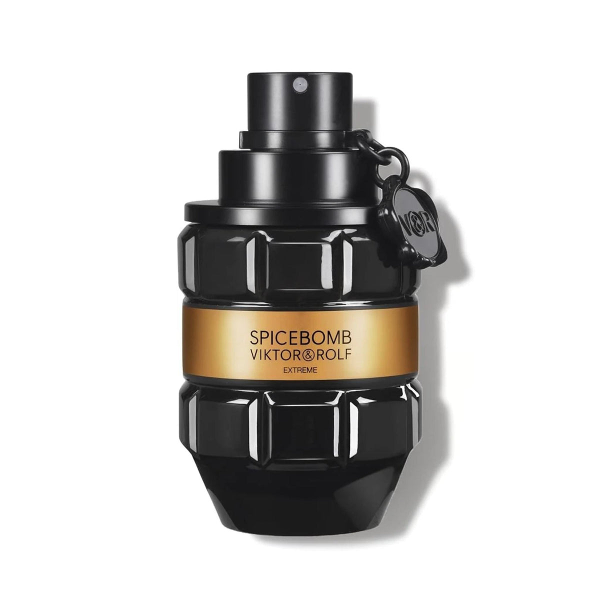 Refect Beauty Viktor & Rolf Spicebomb Extreme Eau de Parfum in a black grenade-shaped bottle with a gold band.