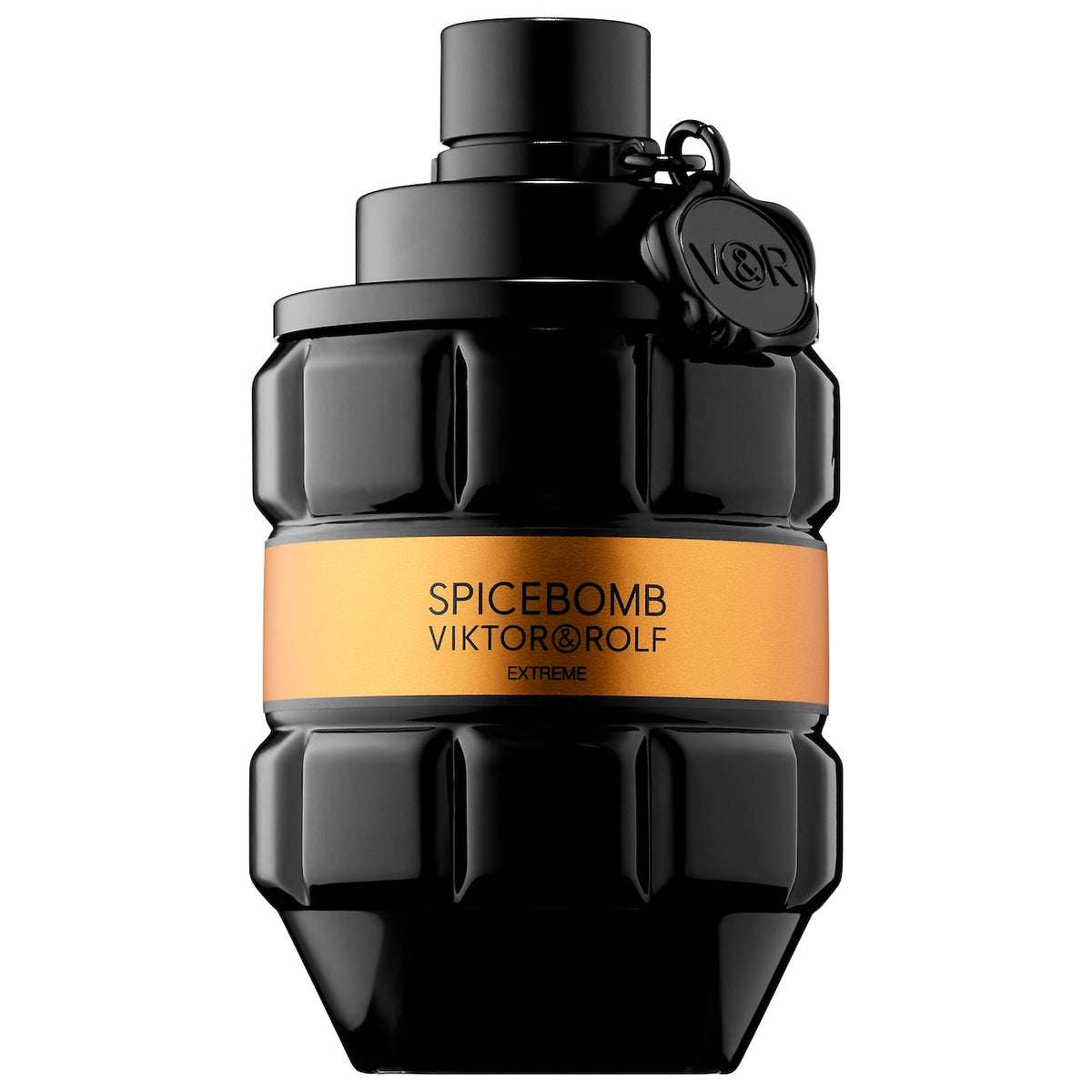 Refect Beauty Viktor & Rolf Spicebomb Extreme Eau de Parfum in a black grenade-shaped bottle with a gold band.