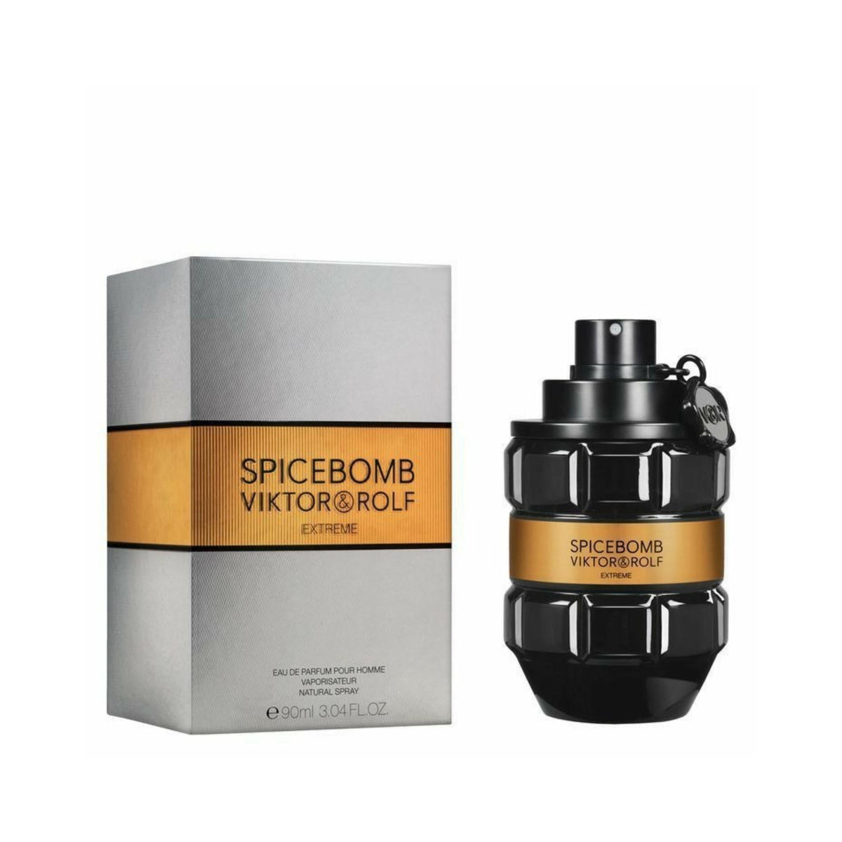 Refect Beauty Viktor & Rolf Spicebomb Extreme Eau de Parfum in a black grenade-shaped bottle with its silver box